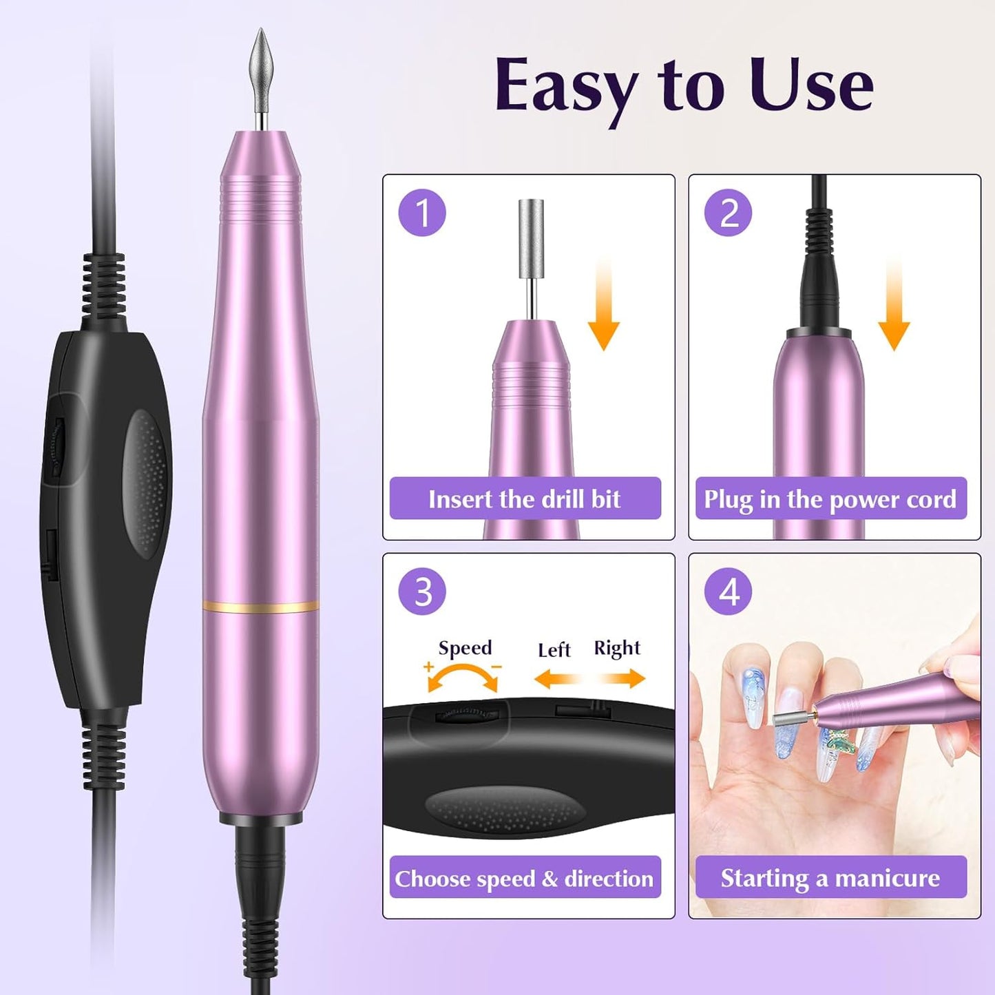 Professional Electric Nail Drill Machine – 20,000 RPM Adjustable Speed Manicure & Pedicure Set with 6 Drill Bits, Low Vibration & Noise – Ideal for Gel & Acrylic Nails