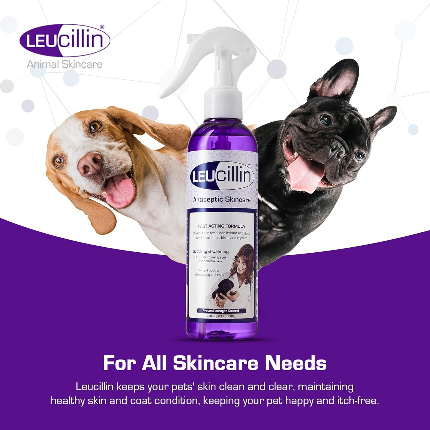 Leucillin Natural Antiseptic Spray - Antibacterial Antifungal Antiviral for Dogs Cats All Animals Itchy Skin Minor Wound Care and Skin Health | 150ml