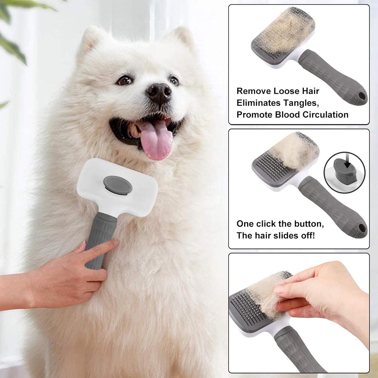 Dog Brush Cat Grooming Comb,Self Cleaning Pet Slicker Brushes with Smooth handle,Dog Grooming Tool with Button for Pet Shedding Brush Cat Massage Clean Tangled(Grey)