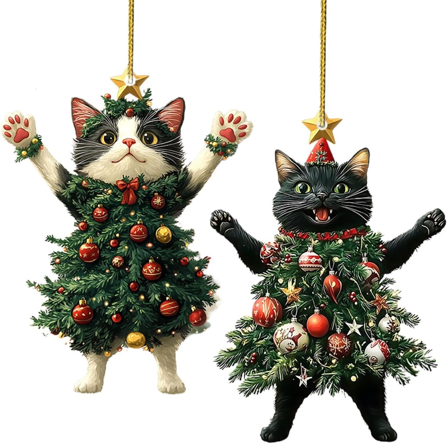 2 Pieces Cat Christmas Ornaments, Acrylic Christmas Ornament, 2D Funny Christmas Cat Decorations, Small Christmas Kitten Charm For Bag, Adorable Cat Dressed As A Christmas Tree For Mantel