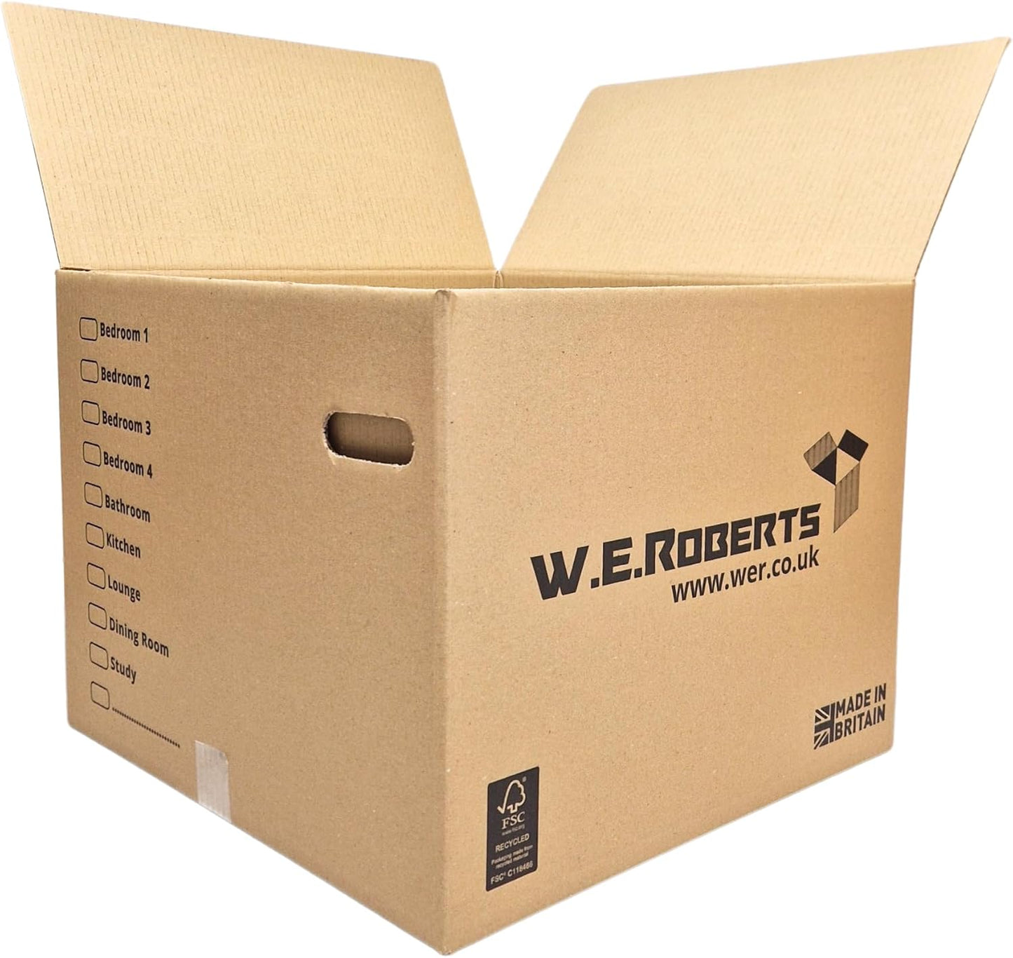 W.E. Roberts 10 Strong Extra Large Cardboard moving Boxes. Packing boxes for moving house with Printed Room List and Carry Handles 52cm x 52cm x 40cm cardboard Boxes