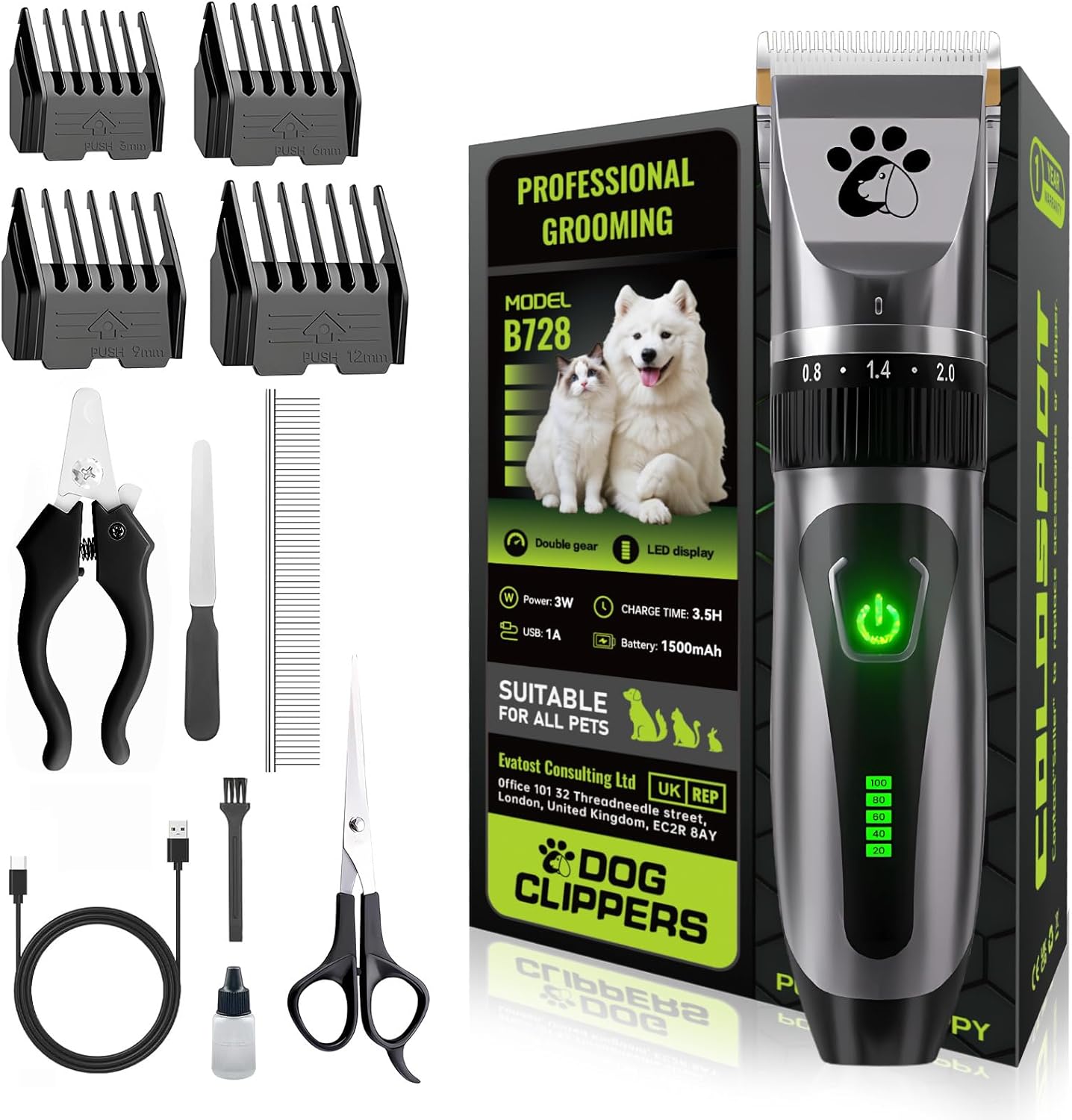 Cordless Professional Pet Clippers – 2-Speed Low Noise Grooming Kit for Dogs & Cats with Thick or Fine Hair
