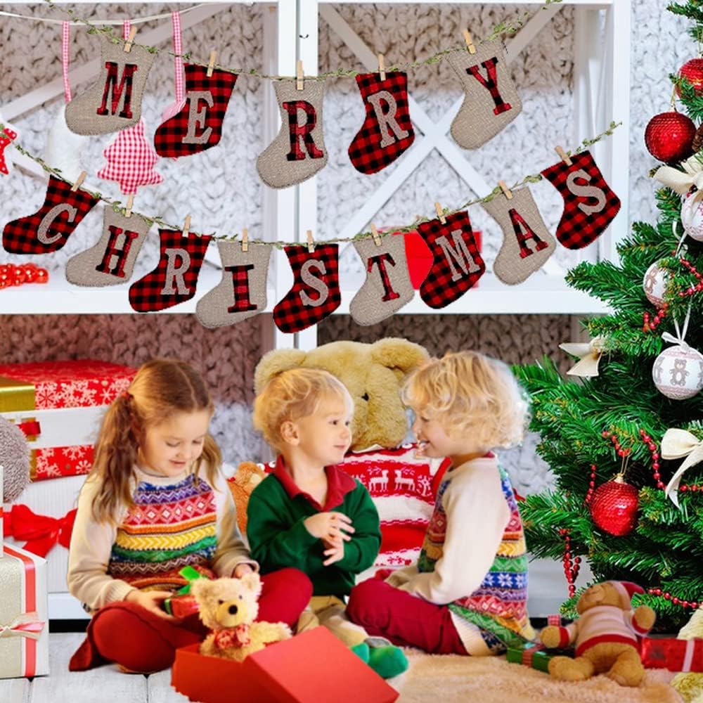Merry Christmas Banners, Christmas Burlap Banners,Christmas Flags Hanging Decorations, for Christmas Party Decorations Outdoor Indoor
