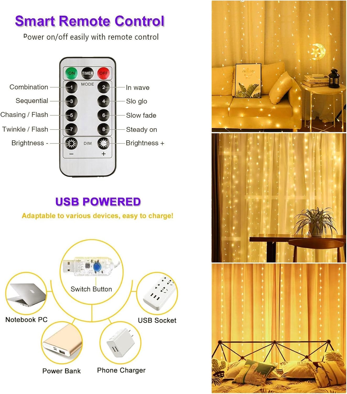 Lezonic Curtain Fairy Lights, 3m×3m 300LED Fairy Lights with 8 Modes Remote Control Timer Adjustable Brightness, Curtain Light Plug in for Bedroom, Garden, Party, Wedding,Christmas (Warm White)