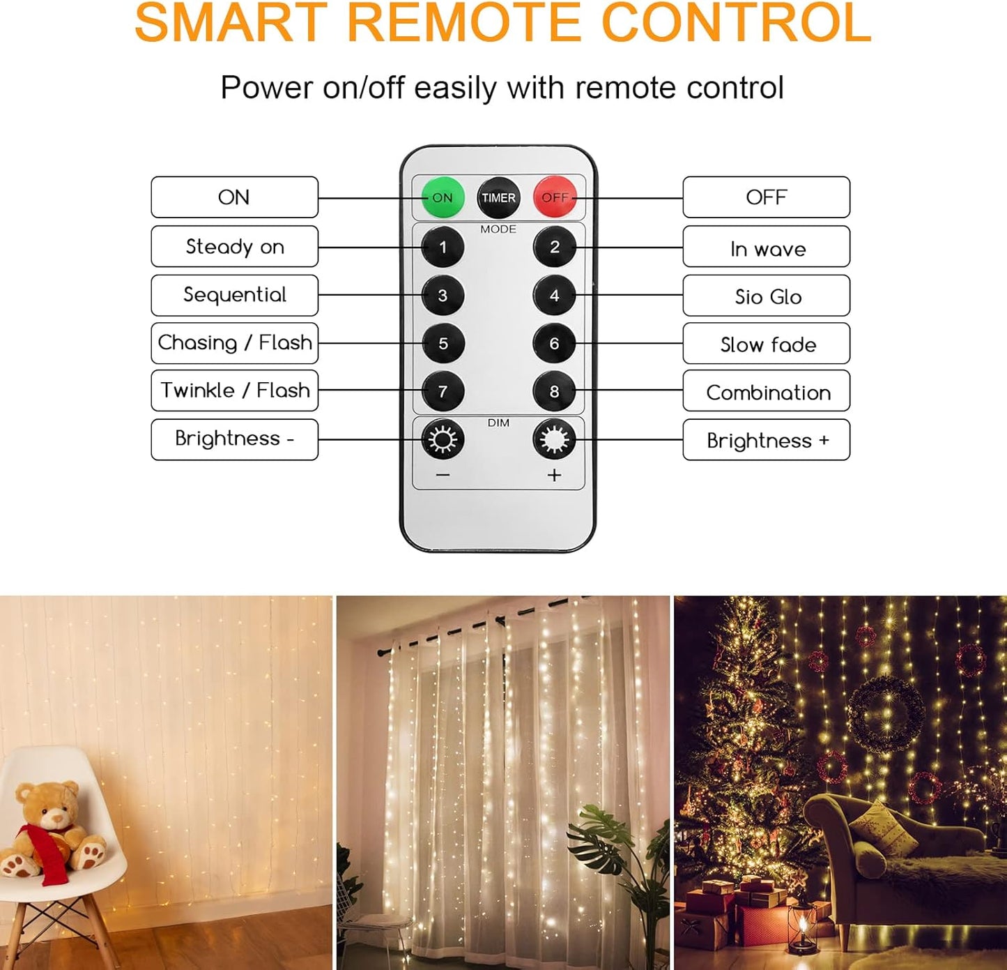 Jsdoin Curtain Lights 3m×3m 300LED Fairy Lights with 8 Modes Remote Control Timer Adjustable Brightness, Curtain Light for Bedroom, Garden, Party,Christmas,Curtain Fairy Lights (Warm White)