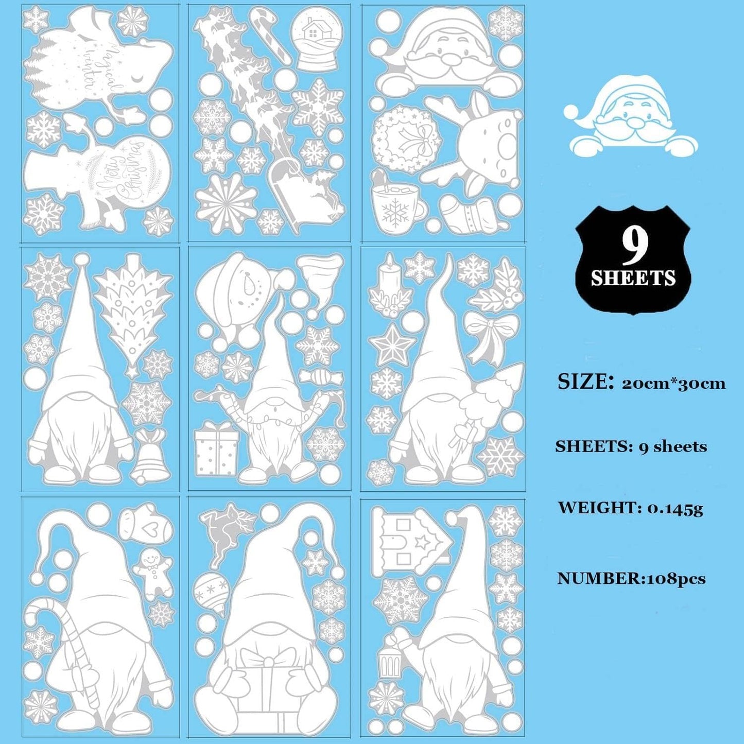 108 Pcs Christmas Window Stickers 9 Sheets Reusable Christmas Window Decorations Gnome Christmas Decorations for Windows Gonk Window Christmas Decorations Home Office Classroom