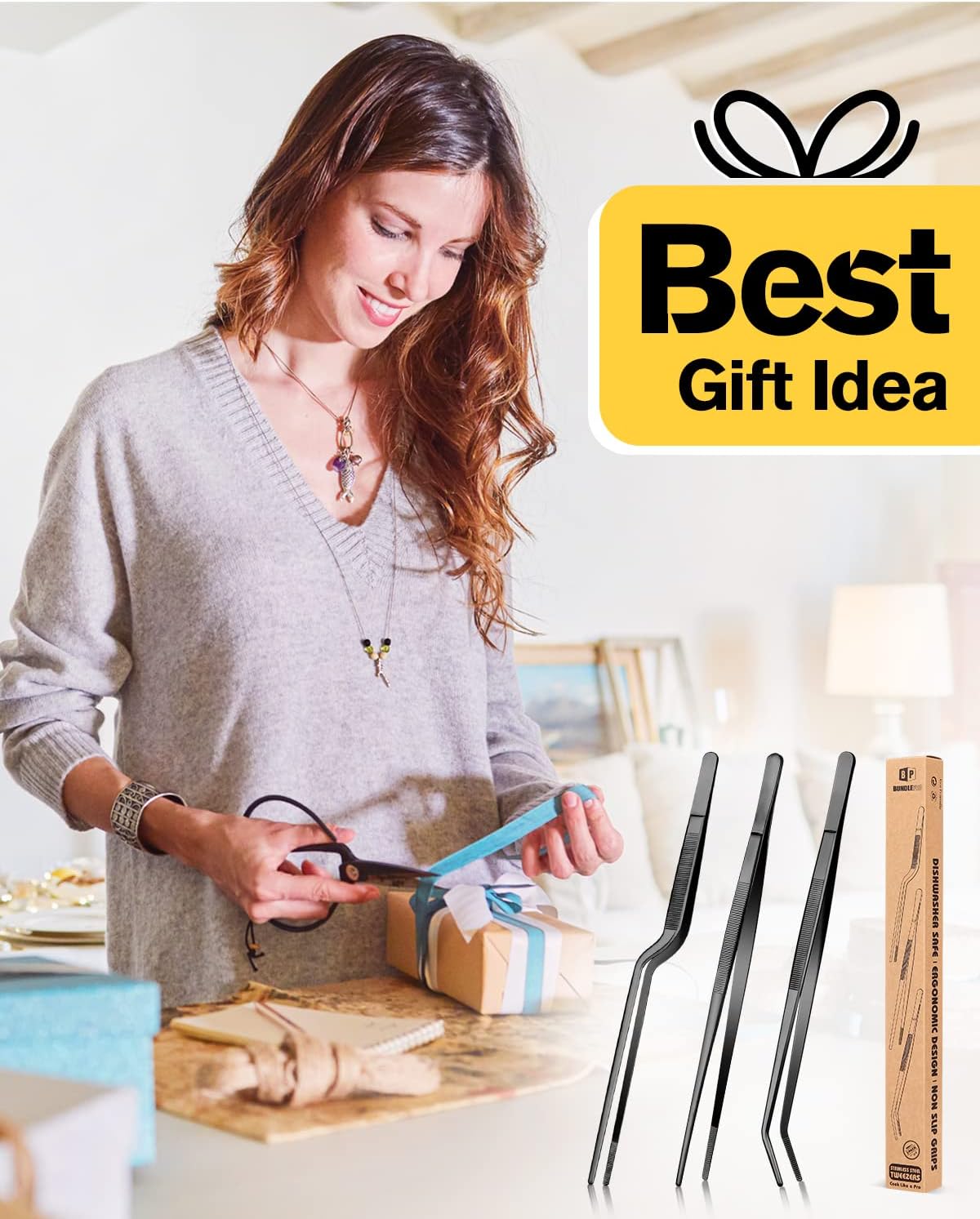 12 inch Fine Cooking Tweezers Set, Professional Stainless Steel Food Tongs, Kitchen Black Long Chef for Cooking, Plating, Decorating and BBQ