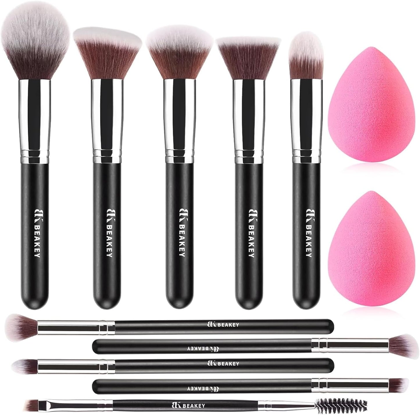 BEAKEY Diversity Make up Brushes 12Pcs Makeup Kit, Premium Synthetic Kabuki Foundation Face Powder Concealers Eyeshadow Blush Brushes Make up Brushes Set, with 2pcs Blender Sponges (Black/Silver)