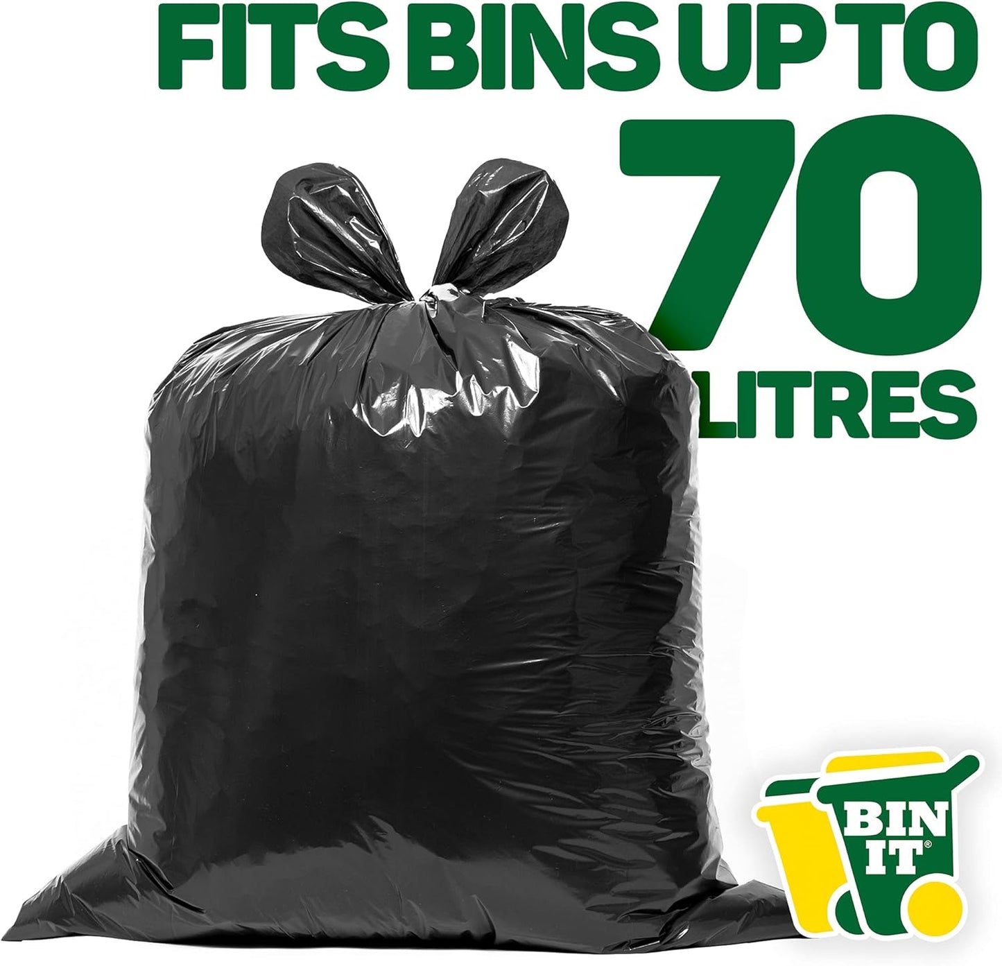 BIN IT 40 Everyday 70L Strong & Secure, Refuse Sacks, Bin Bags, Bin Liners, Flat Top, Recycled, Tear Resistant, 30 μm, Perfect for Everyday Use, Household, Office, Kitchen & Caterers