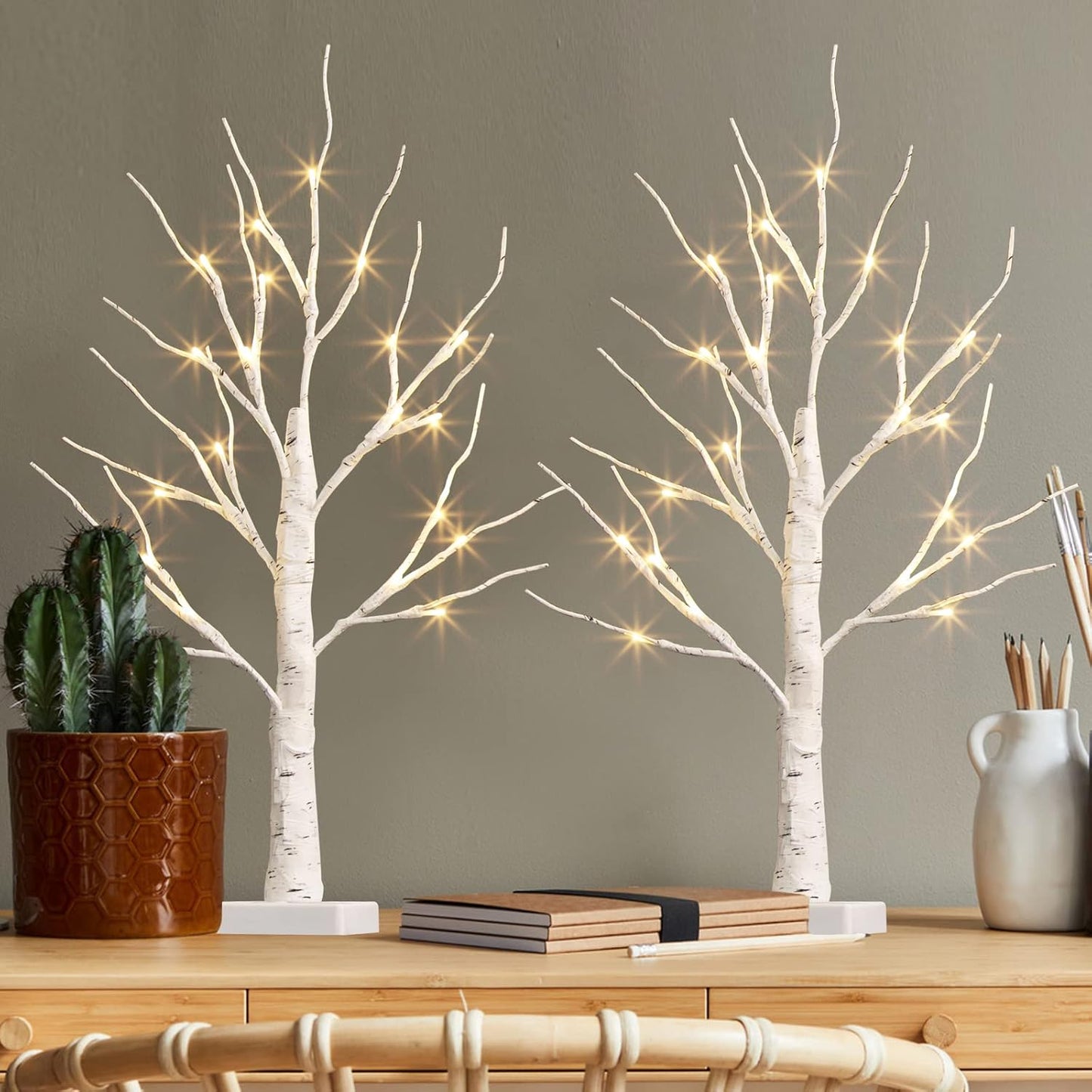 Set of 2-Vanthylit White Christmas Tree with Lights 2FT Tabletop Birch Tree with 24 Warm White LEDs Battery Operated Light up Twig Tree for Home Party Wedding Easter Christmas Decoration