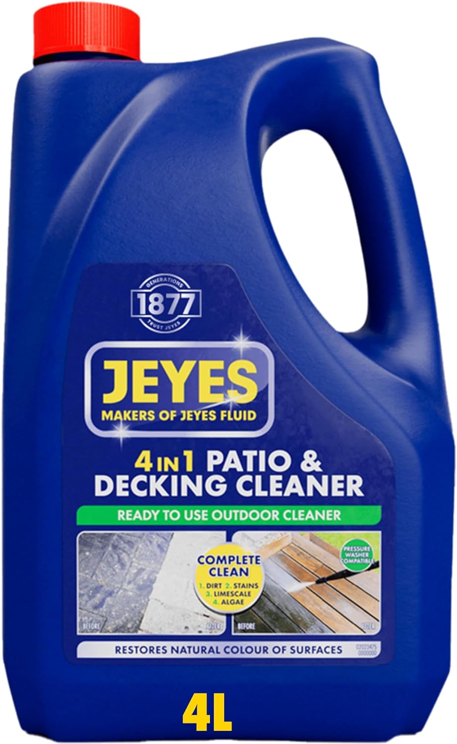 Jeyes 4 In 1 Patio & Decking Cleaner (4 Litre). Patio Cleaner Fluid for Paths, Drives, Decking & Fencing - Outdoor Disinfectant Liquid or Pressure Washer Detergent - Tackles Dirt, Algae & Stains