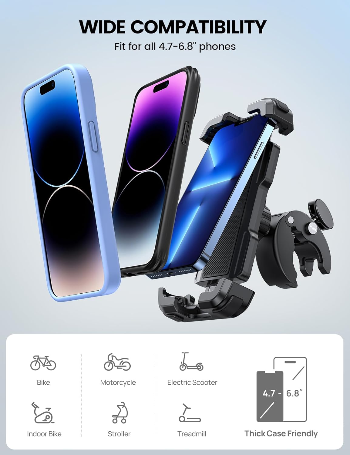 Lamicall Motorcycle Phone Holder Bike - Motorbike Phone Mount, Bike Phone Holder with Quick Release Handlebar Clamp for iPhone 16 15 14 Pro Max Plus, 13 12 11 Pro Max Mini, Xs XR X, SE, 4.7-6.8” Phone