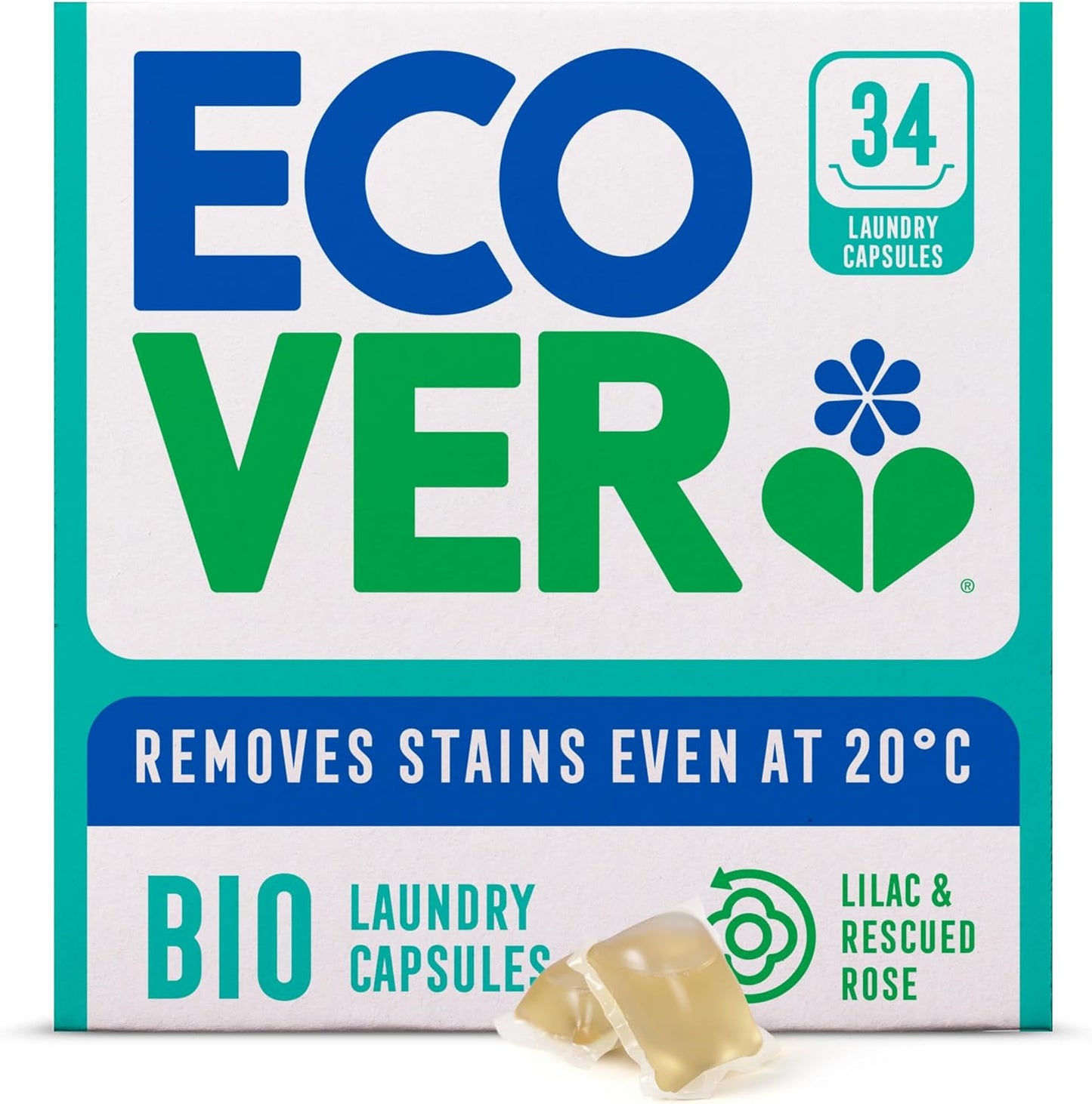 Ecover Bio Washing Capsules - Laundry Capsules / Tablets - Laundry Detergent With Clean And Fresh Lilac & Rescued Rose Scent, 1x Pack of 34 Capsules / Tablets