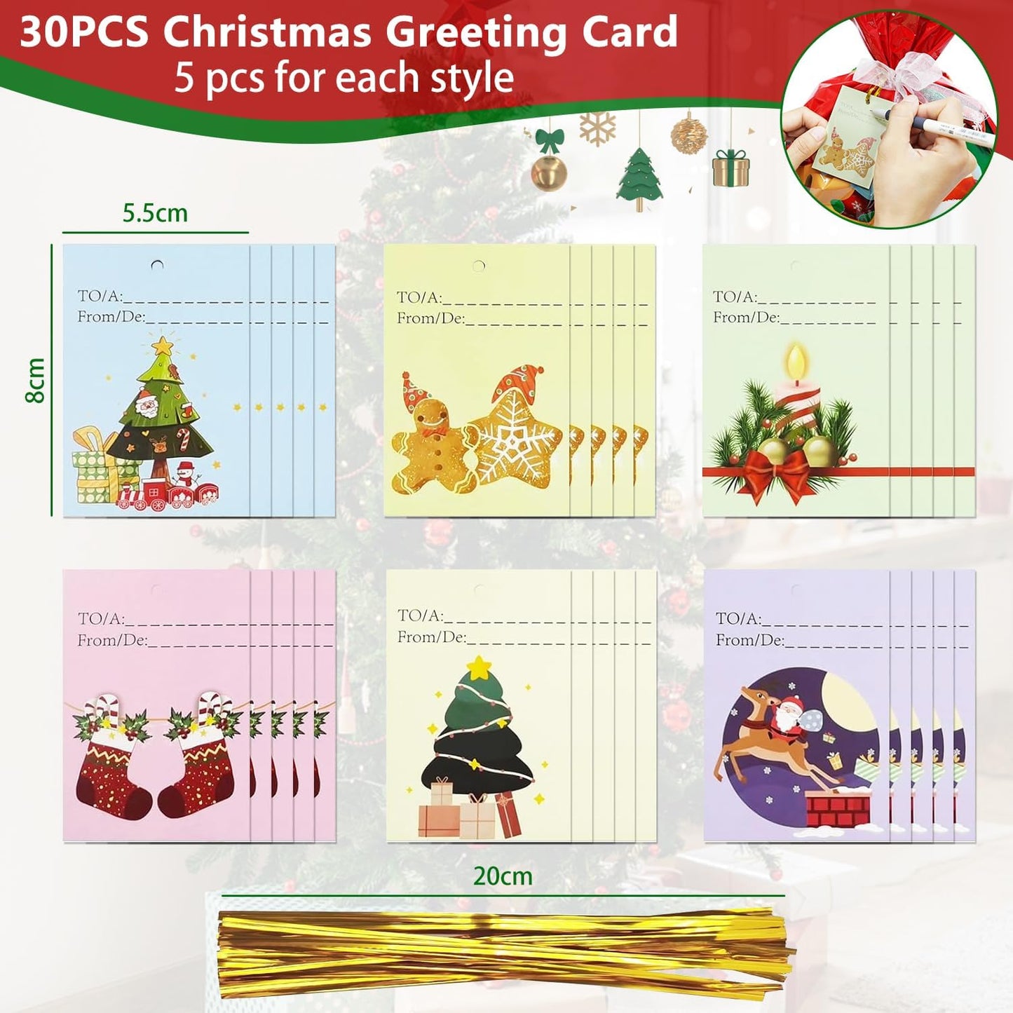 Koncci 30 Pcs Christmas Wrapping Gift Bags, 14 Designs Ribbon Xmas Gift Bags, 4 Sizes Christmas Bags with 30 Pcs Xmas Greeting Cards for Presents, Party, Holiday, Birthday