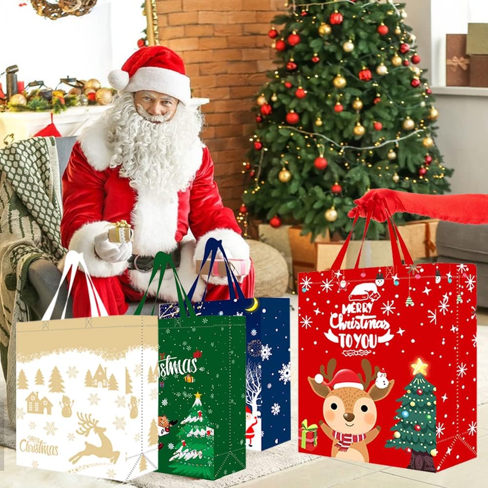 Volsha 4 Pack Christmas Reusable Grocery Bag,Large Tote Bag with Handle, Gift Present Bag, Shopping Bag for Holiday Xmas Event Party