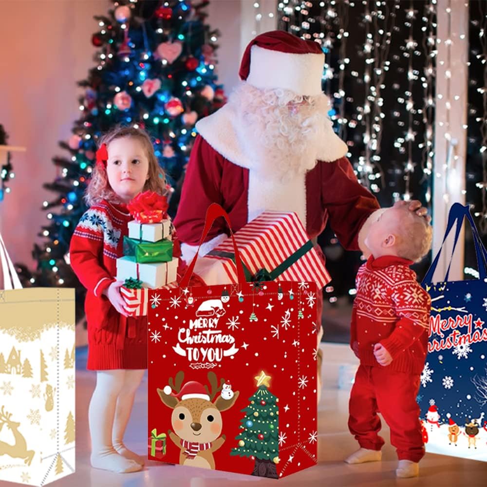 Volsha 4 Pack Christmas Reusable Grocery Bag,Large Tote Bag with Handle, Gift Present Bag, Shopping Bag for Holiday Xmas Event Party