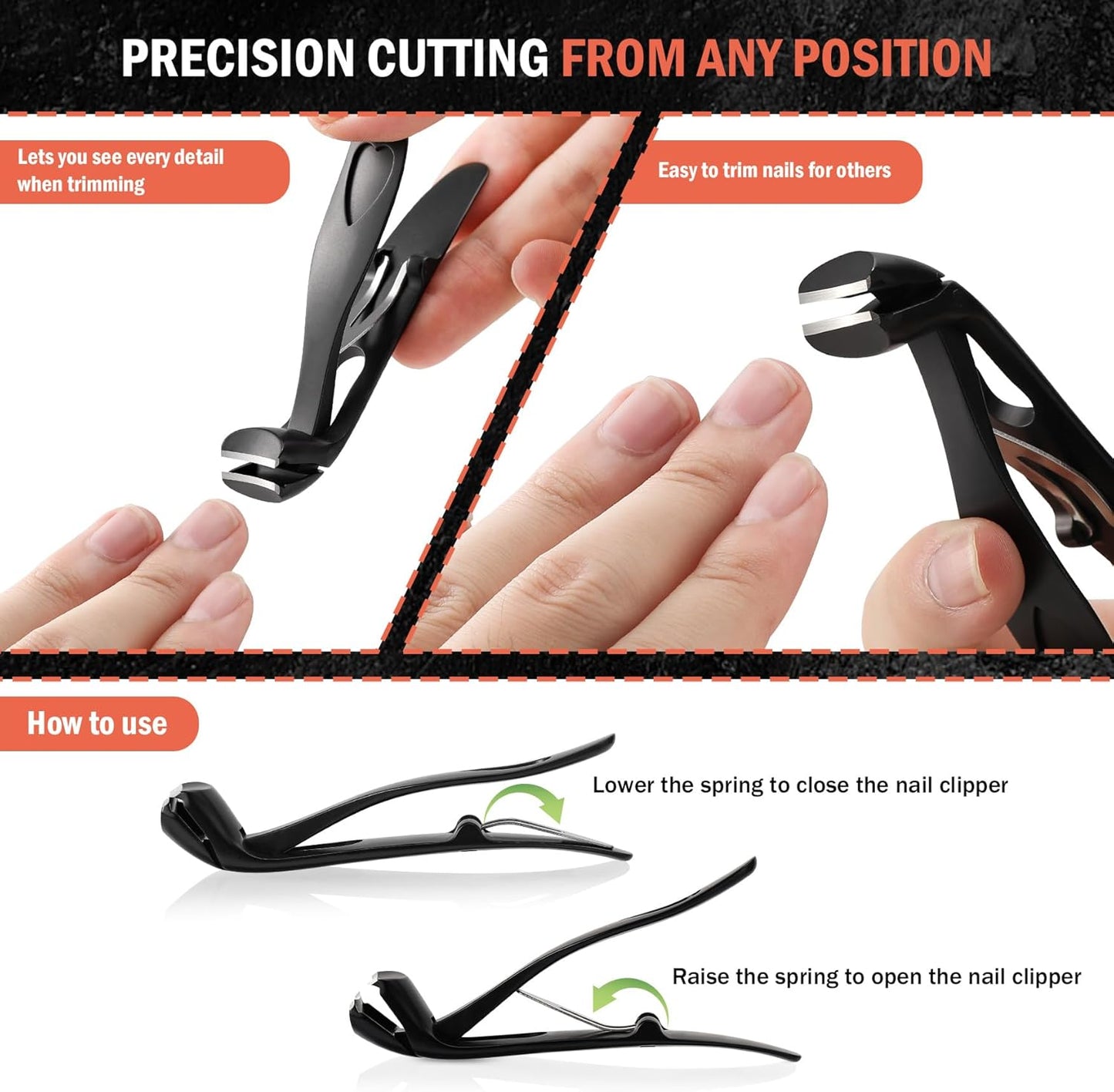 BEZOX Angled Head Nail Clippers for Seniors - Ergonomic Toenail Clipper for Thick Nails, Premium Steel Nail Cutter Trimmer with Catcher for Men and Women (Black)