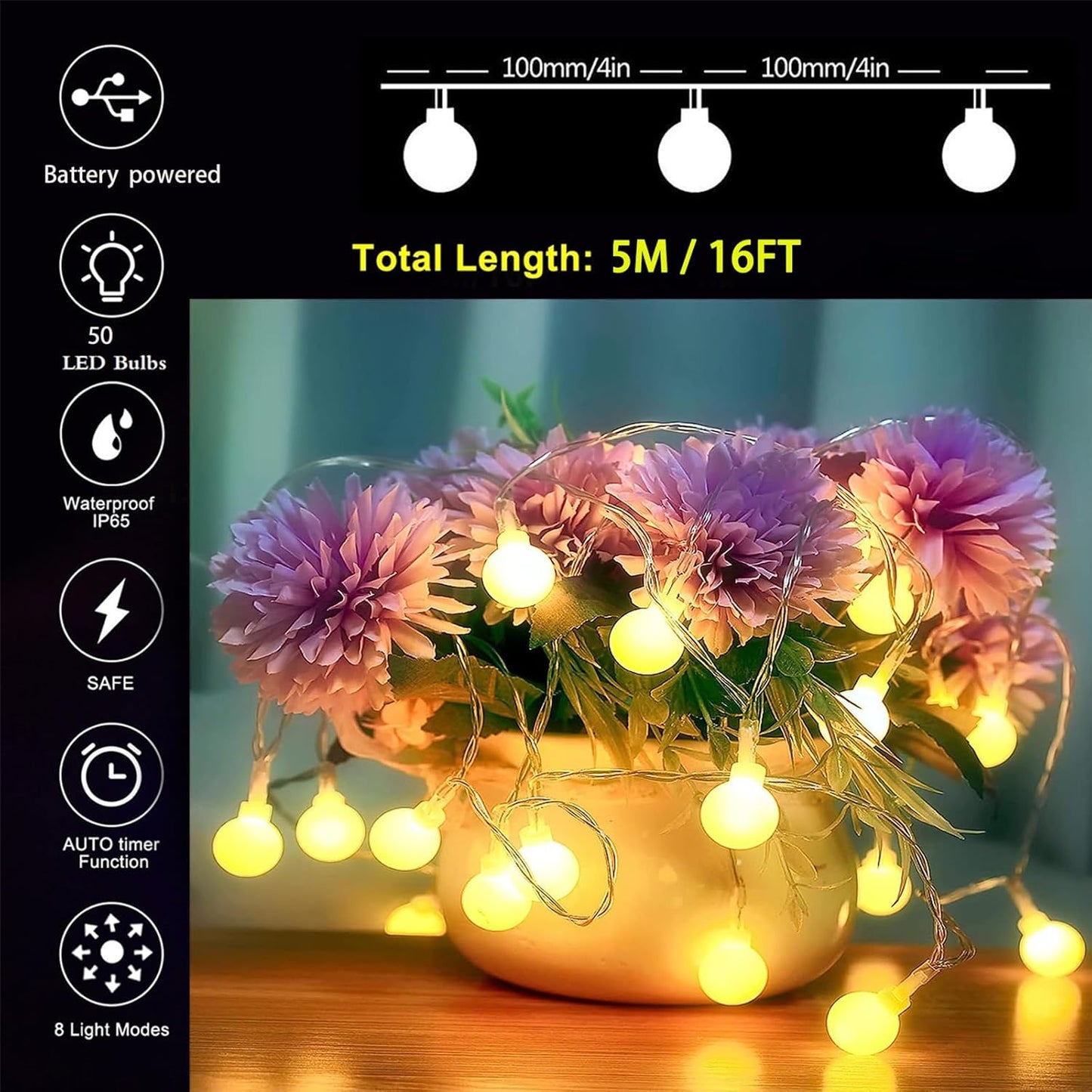Battery Fairy Lights, Christmas Lights Battery Powered with 8 Lighting Modes 16ft 50LEDs Waterproof Fairy Lights for Bedroom Outdoor Party Living Room