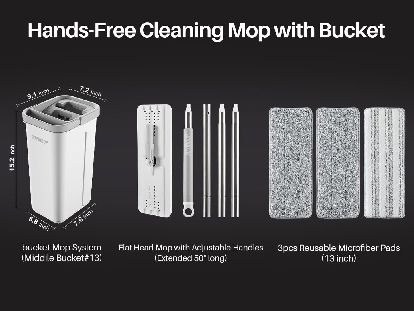 JOYMOOP Mop and Bucket with Wringer Set, Hands Free Flat Floor Mop and Bucket, with 3 Washable Microfiber Pads, Wet and Dry Use, Floor Cleaning System