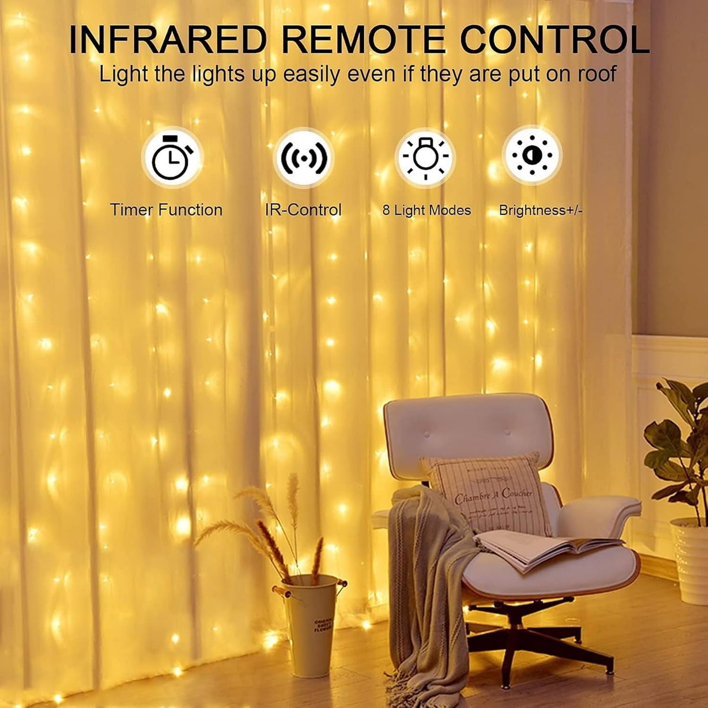 Lezonic Curtain Fairy Lights, 3m×3m 300LED Fairy Lights with 8 Modes Remote Control Timer Adjustable Brightness, Curtain Light Plug in for Bedroom, Garden, Party, Wedding,Christmas (Warm White)