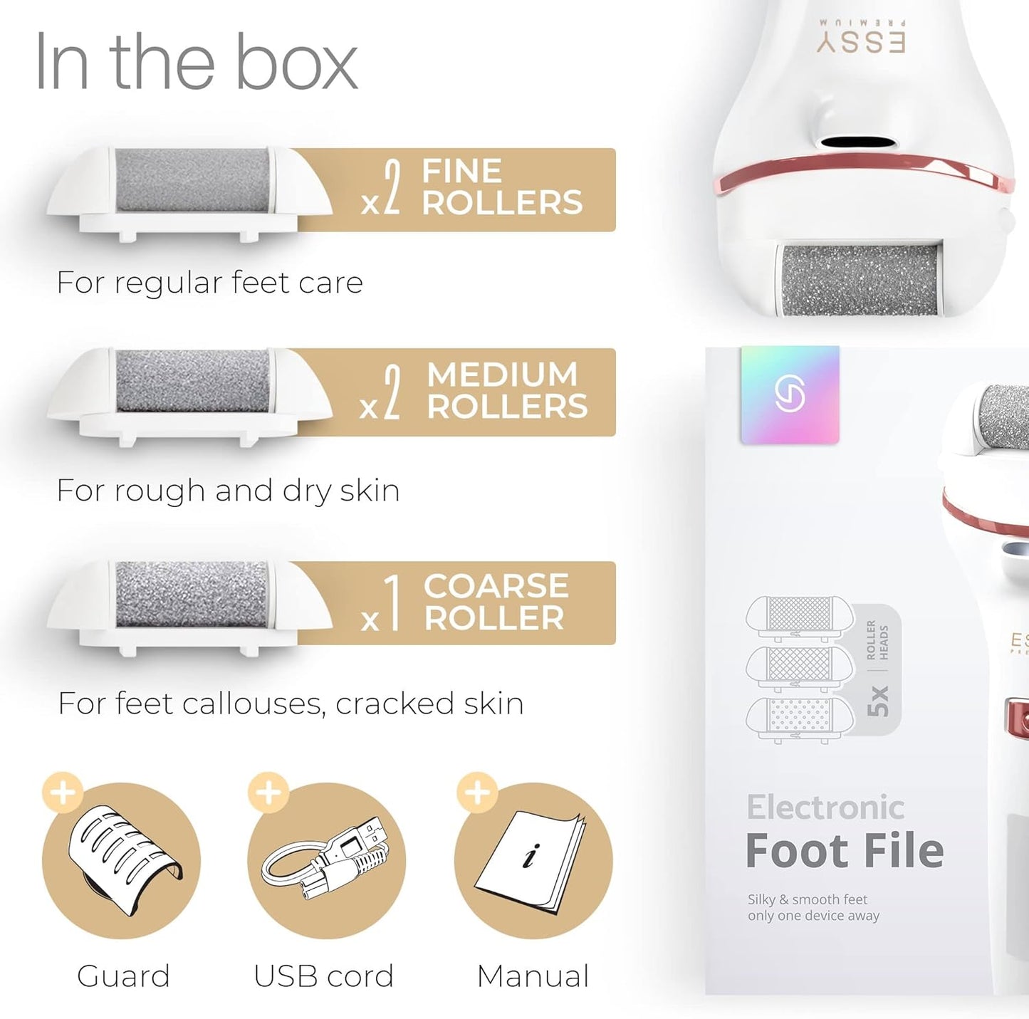 Essy Electric Foot File with 5 Replacement Rollers – Pedicure Tool for Smooth Feet, Ideal for Dry and Rough Skin Care (White)