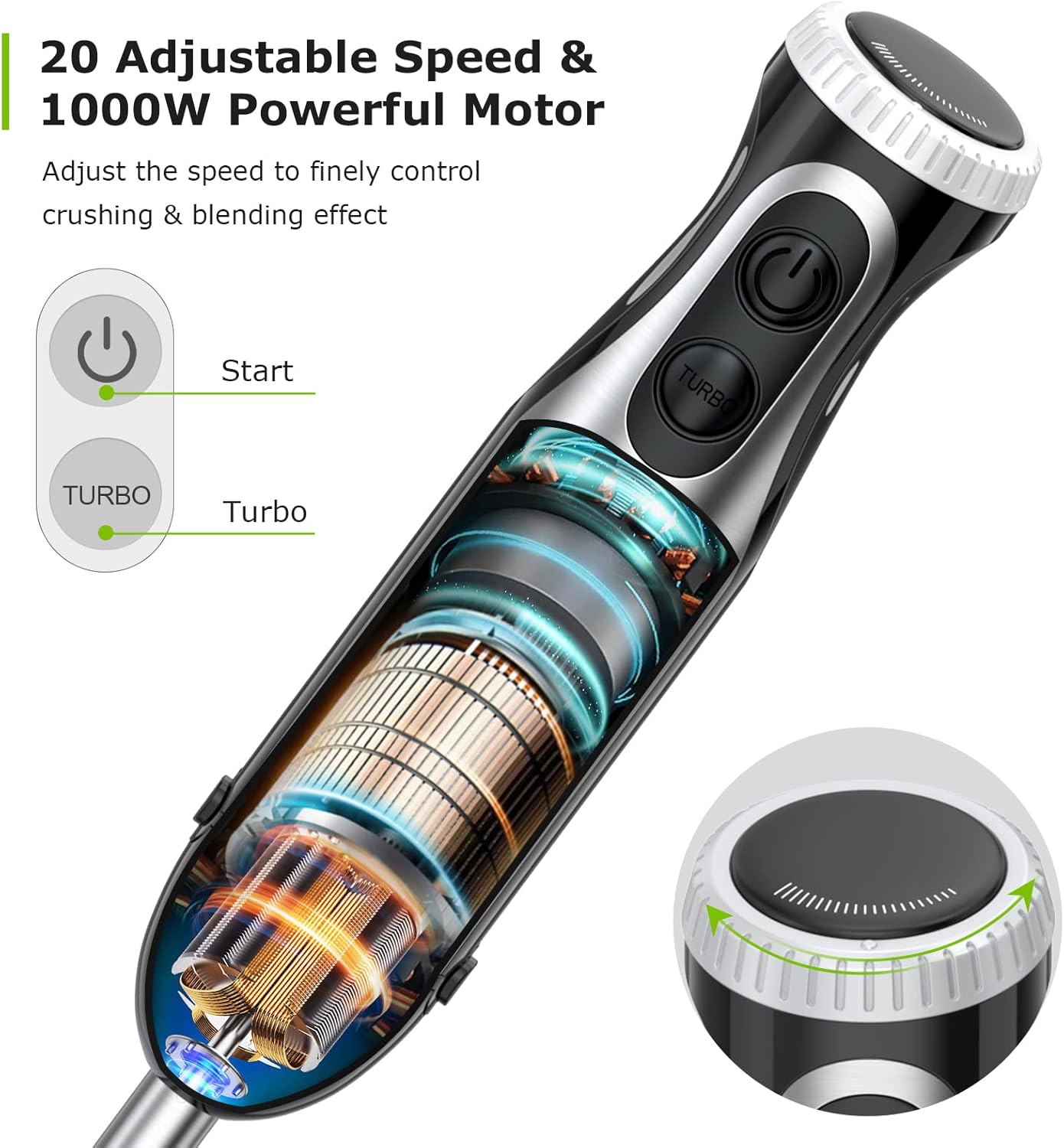 Bonsenkitchen Stainless Steel Hand Blender, 4-in-1 Stick Blender 1000W, 20 Speed Adjustable, with Whisk, 500ml Chopper and 700ml Measuring Cup, Food Processor