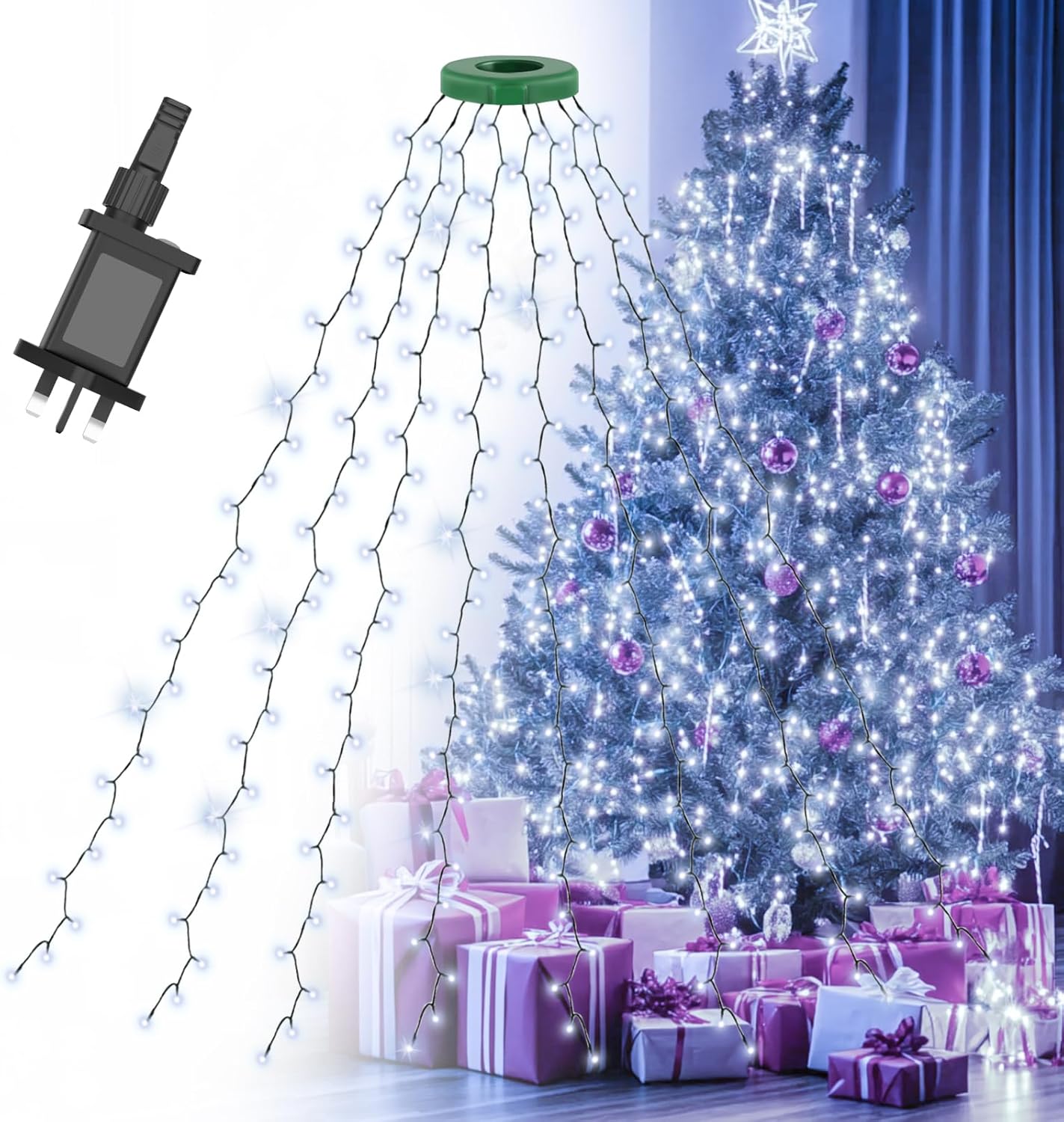 Gcstnn Christmas Tree Lights, 2m*16 Lines 400 LEDs Fairy Lights Mains Powered with 8 Light Modes,Memory & Timing Function,Waterproof for 1.5-2.5M(5-10ft) Christmas Tree Indoor and Outdoor- Cool White