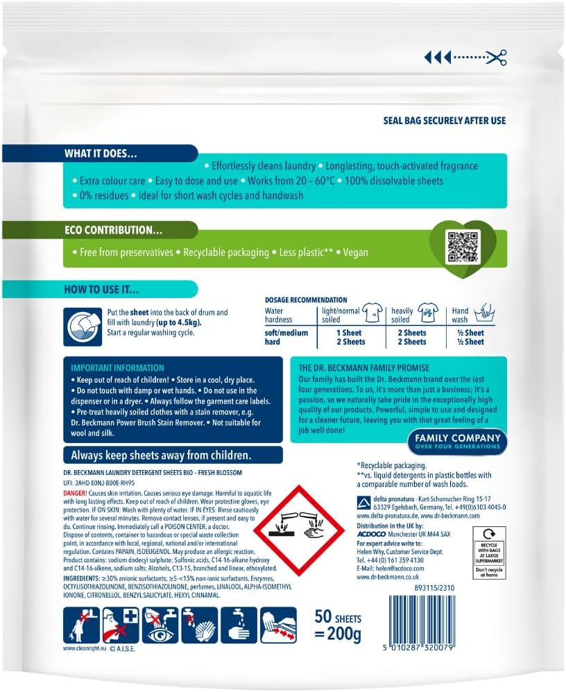 Dr. Beckmann Laundry Detergent Sheets BIO | Fresh Blossom | MAGIC LEAVES | Pre-dosed | 50 sheets