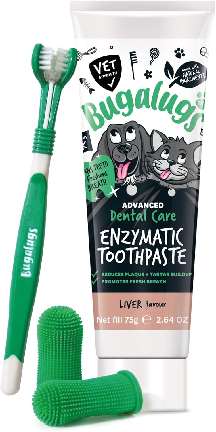 Bugalugs Dog Toothbrush and Toothpaste Kit Includes Cats & Dog Toothpaste, 2 x Finger Cat Toothbrush, 1 x Dog Toothbrush Dog Teeth Cleaning Products for Dog Plaque Remover & Dog Breath Freshener