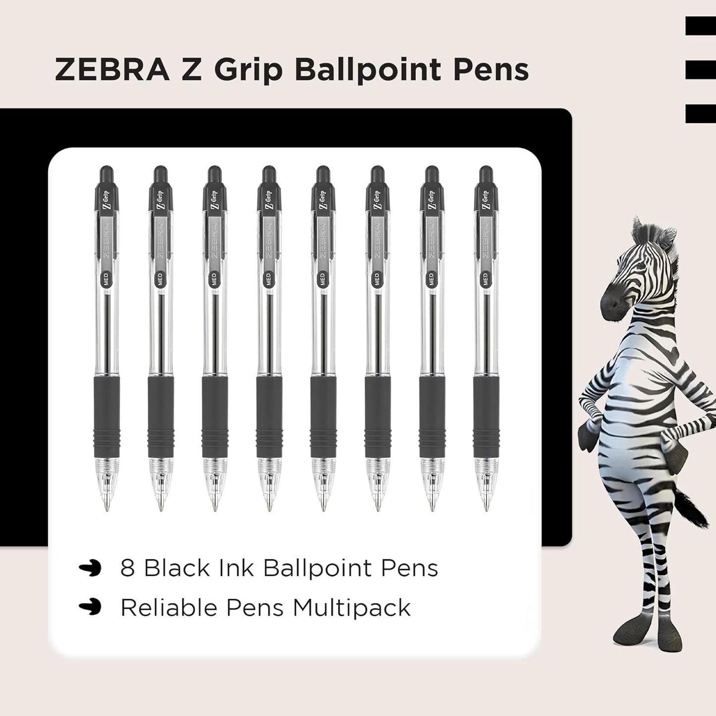 Zebra Pen Z Grip Black Ballpoint Pens with Pocket Clip 8pk, Retractable Black Ink Ballpoint Pens, Reliable Black Biro Pens Multipack for Everyday Use Design, New Pack Size 8pk