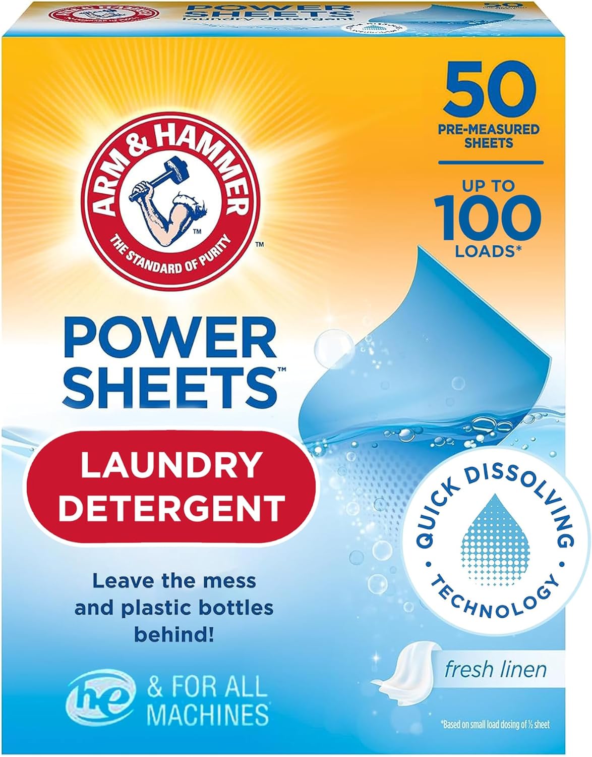Arm and Hammer Power Laundry Detergent, Fresh Linen Laundry Sheets 50ct, up to 100 Small Loads, Ultraconcentrated Washing Detergent for deep clean, Laundry Detergent for Washing Machine