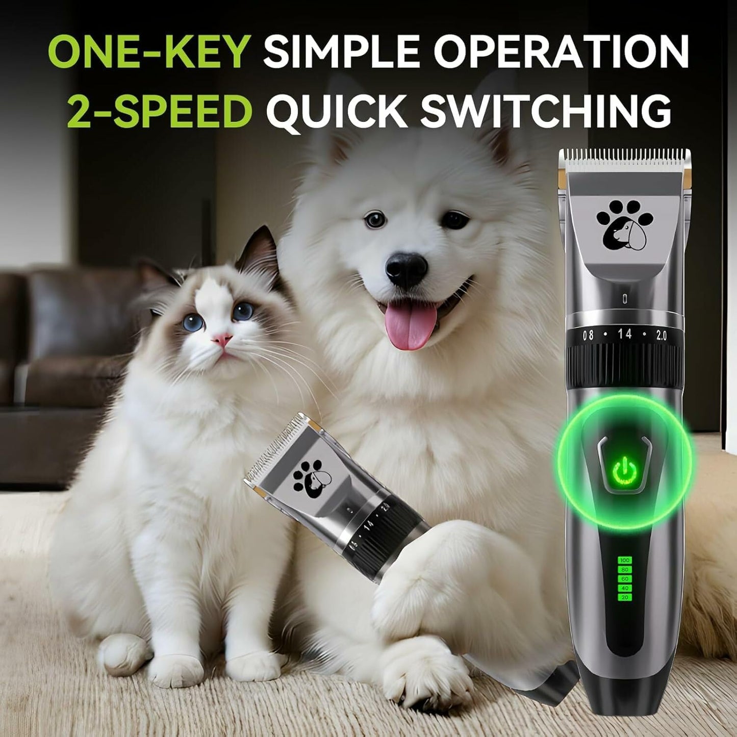 Cordless Professional Pet Clippers – 2-Speed Low Noise Grooming Kit for Dogs & Cats with Thick or Fine Hair