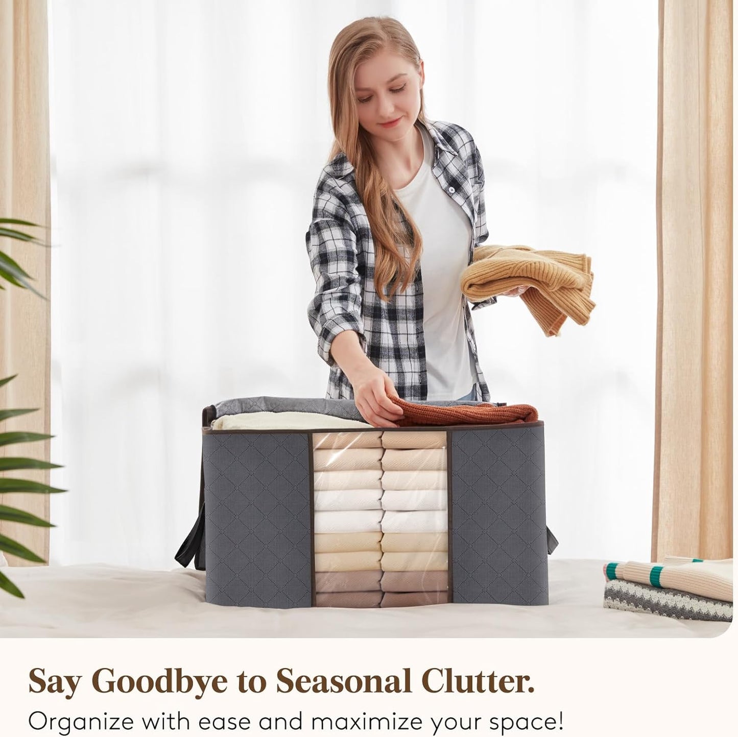 Lifewit 95L Clothes Storage Bags Large Storage Box With Lid Packing Boxes for Moving House With Reinforced Handle Thick Fabric Clear Window for Clothes Duvet Blankets Bedding, 3 Pack, Grey