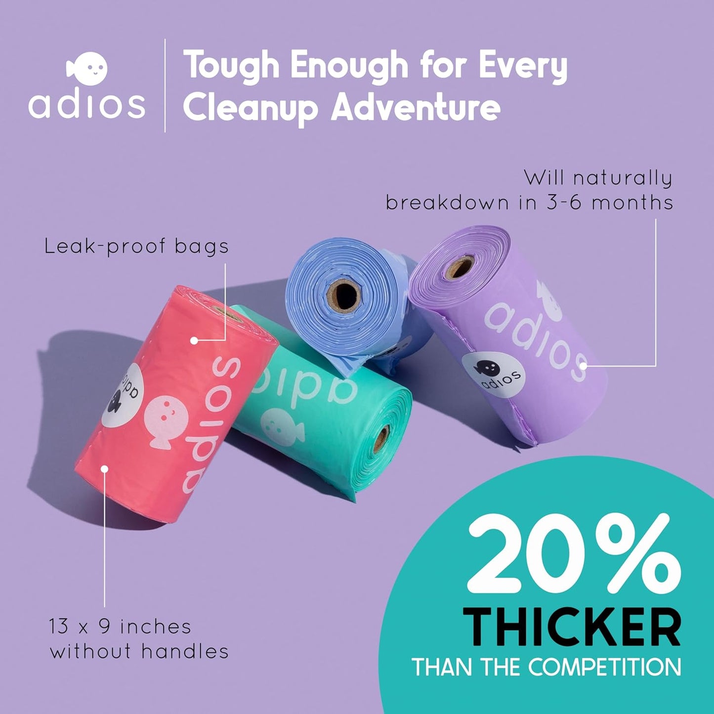 Adios - Compostable Dog Poop Bags, 120 Count (8 Rolls) - Rainbow Colours - Extra Thick, Leakproof, Odour Proof Dog Waste Bags - Made from Compostable Cornstarch - Easy Tear Rolls