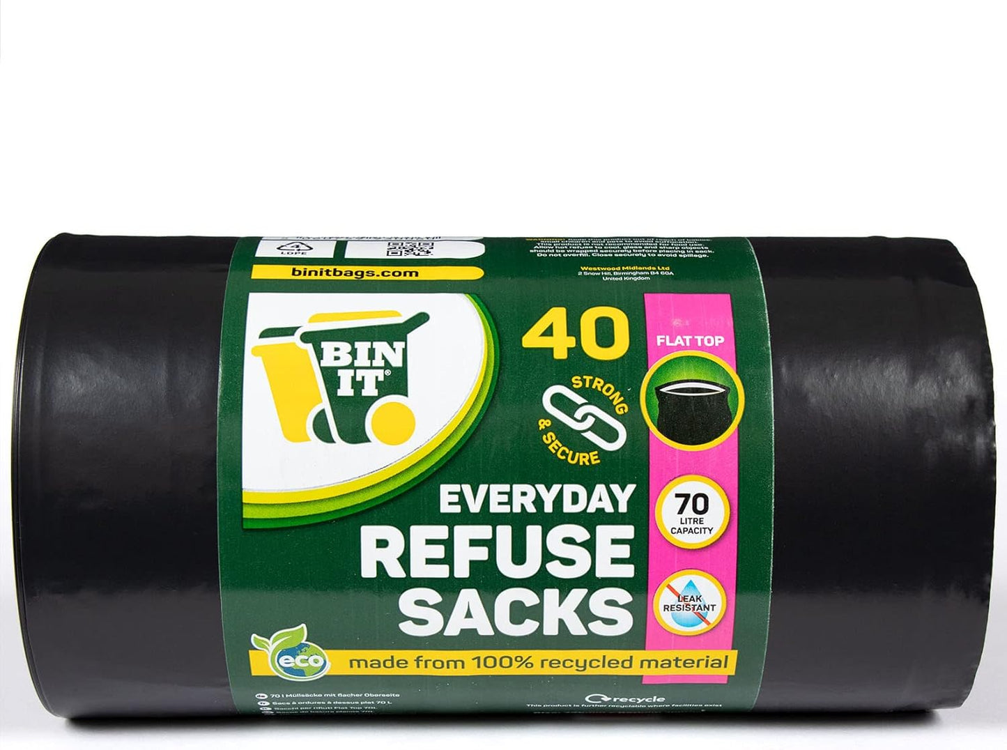 BIN IT 40 Everyday 70L Strong & Secure, Refuse Sacks, Bin Bags, Bin Liners, Flat Top, Recycled, Tear Resistant, 30 μm, Perfect for Everyday Use, Household, Office, Kitchen & Caterers