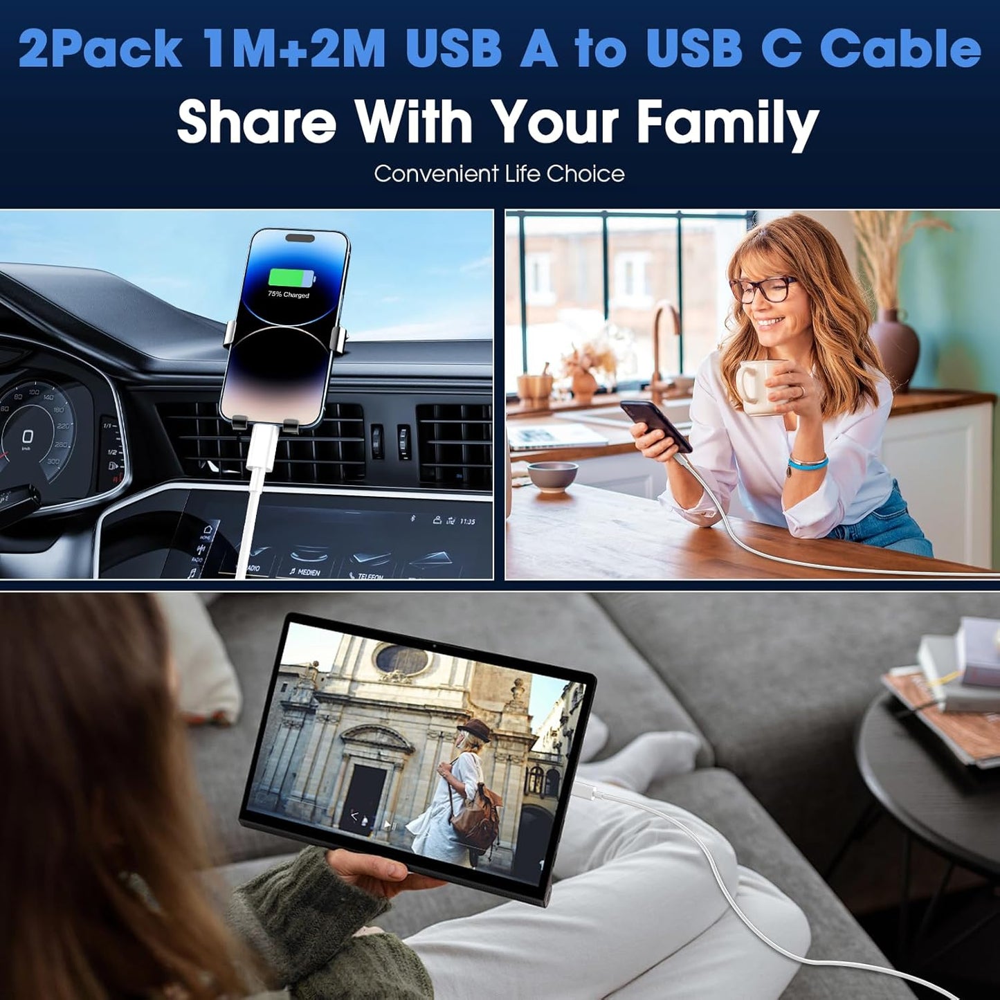 USB C Charger Cable 2 Pack 1M+2M USB to USBC Cable Type C Charger Fast Charging 3A Lead for iPhone 16 15 Pro Max Plus, Samsung Galaxy S25 S24 Ultra, Huawei, Google Pixel, for iPad Air