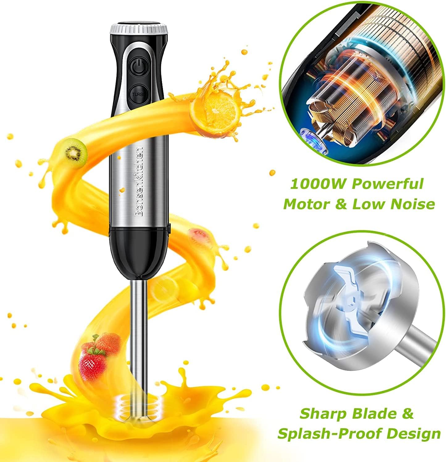 Bonsenkitchen Stainless Steel Hand Blender, 4-in-1 Stick Blender 1000W, 20 Speed Adjustable, with Whisk, 500ml Chopper and 700ml Measuring Cup, Food Processor