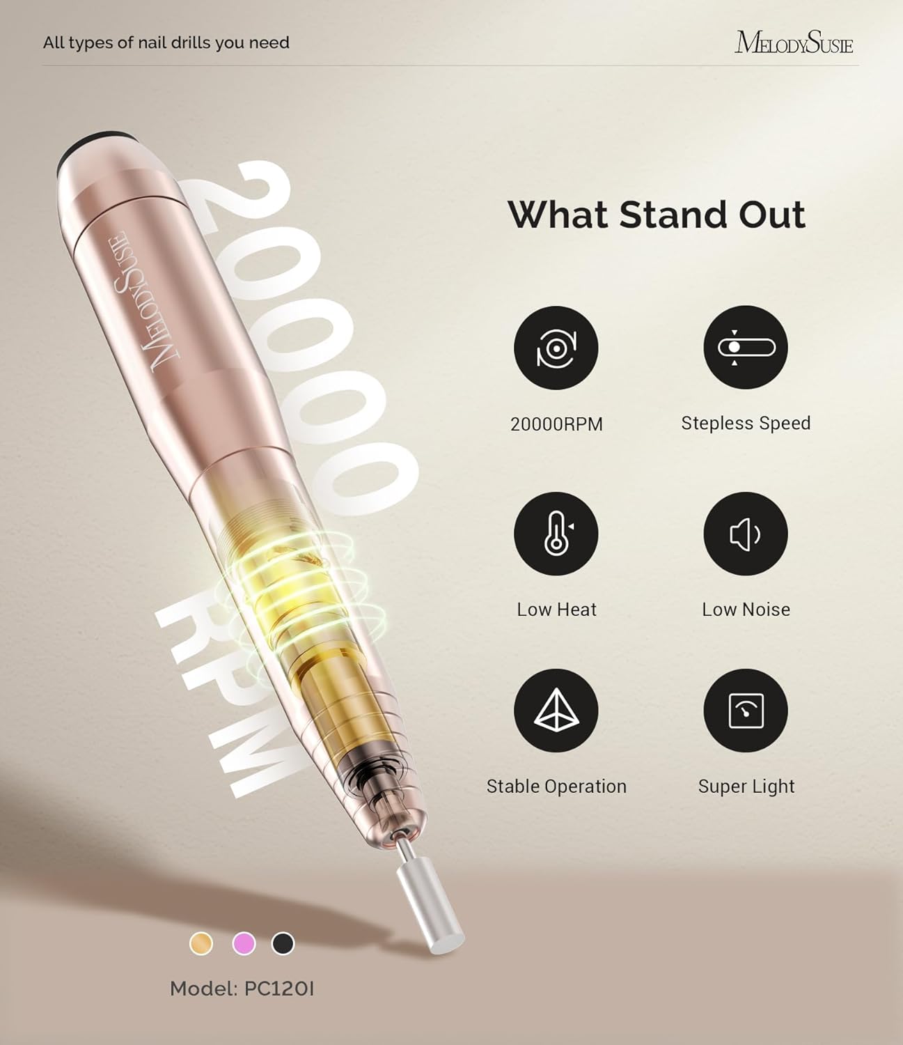 MelodySusie Sheen Electric Nail File – 20,000 RPM Compact Nail Drill Machine Set for Beginners & Professionals – Includes Nail Clippers, Manicure & Pedicure Tools – Gold, UK Plug