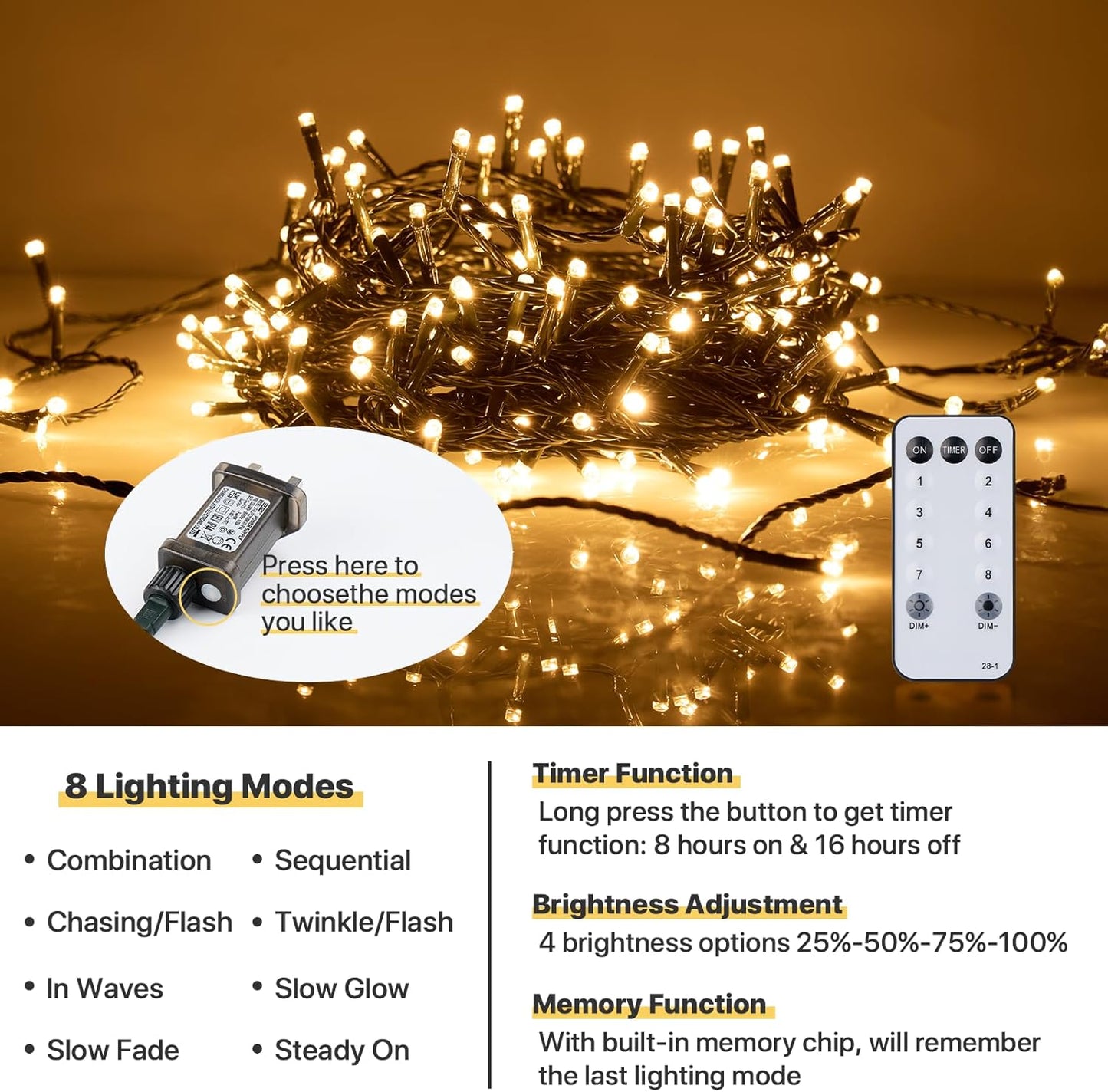 Twinkle Star Christmas Tree Lights Indoor Outdoor, 20m 200 LED Fairy Lights Plug in with Timer/Remote Control/8 Modes/Dimmable, Waterproof String Light for Garden Xmas Decorations, Warm White
