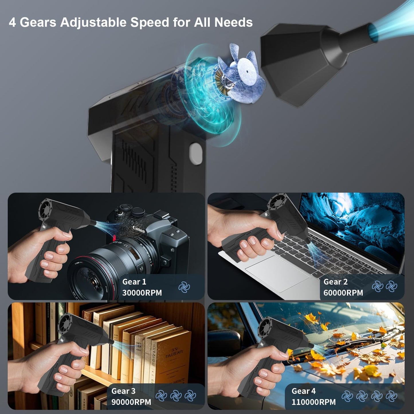Portable Air Duster Cleaner – 4-Speed Adjustable Cordless Air Blower for PC, Keyboard, Car & Outdoor Cleaning – 110,000 RPM Power