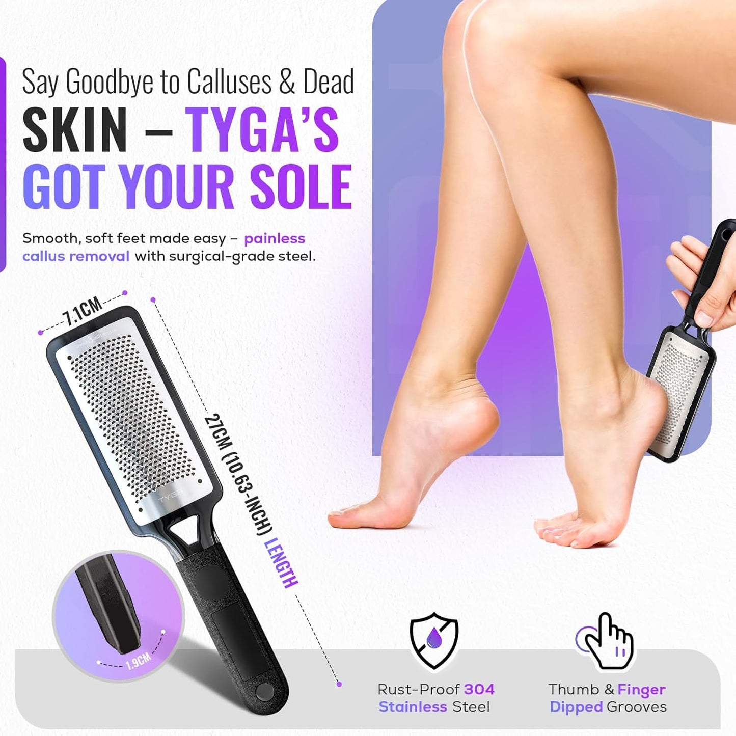 TYGA Foot Rasp Foot File and Callus Remover - Pedicure Tool for Dead Skin Removal, Feet Hard Skin Remover, Foot Scraper, Can Be Used on Both Wet and Dry Feet, Surgical Grade Stainless Steel File.