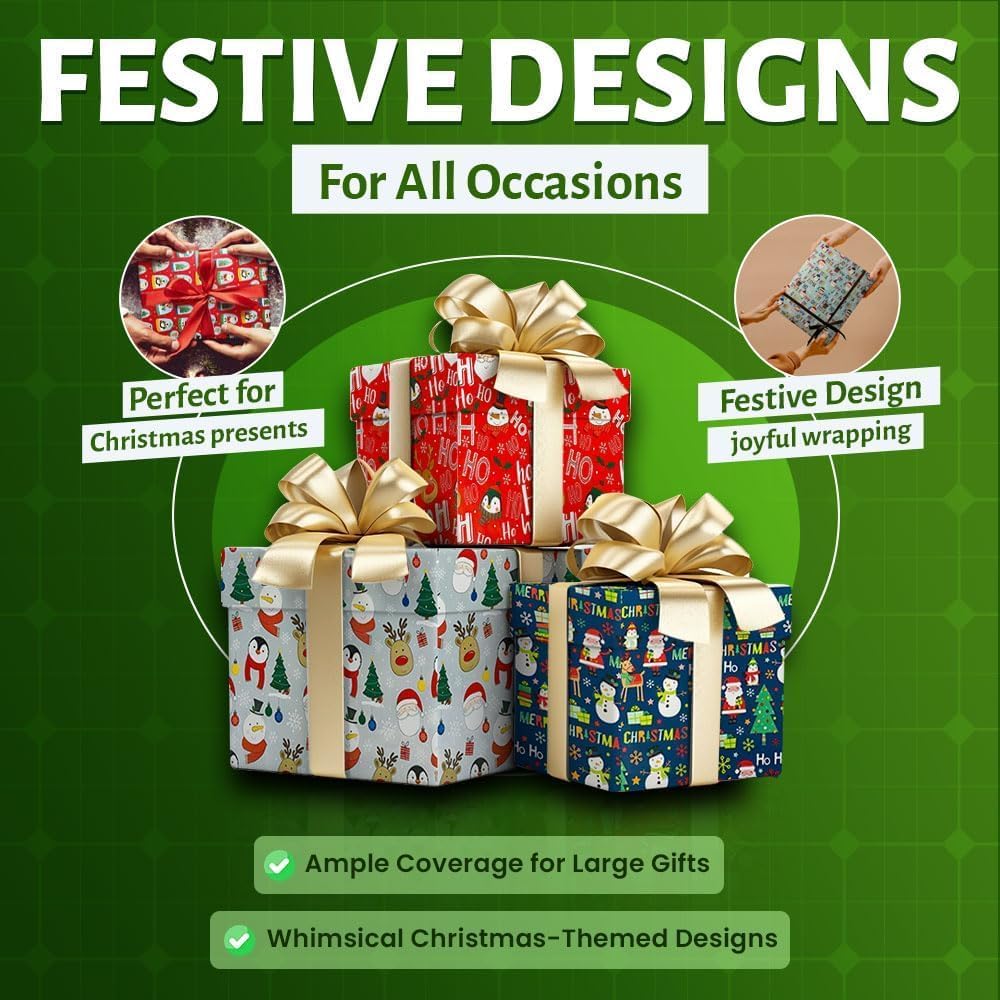 4 x 7M Cute Christmas Wrapping Paper roll -Perfect for Christmas, Birthday, Festival, Party or Wedding Gift and Festive Decoration by Karma Ltd
