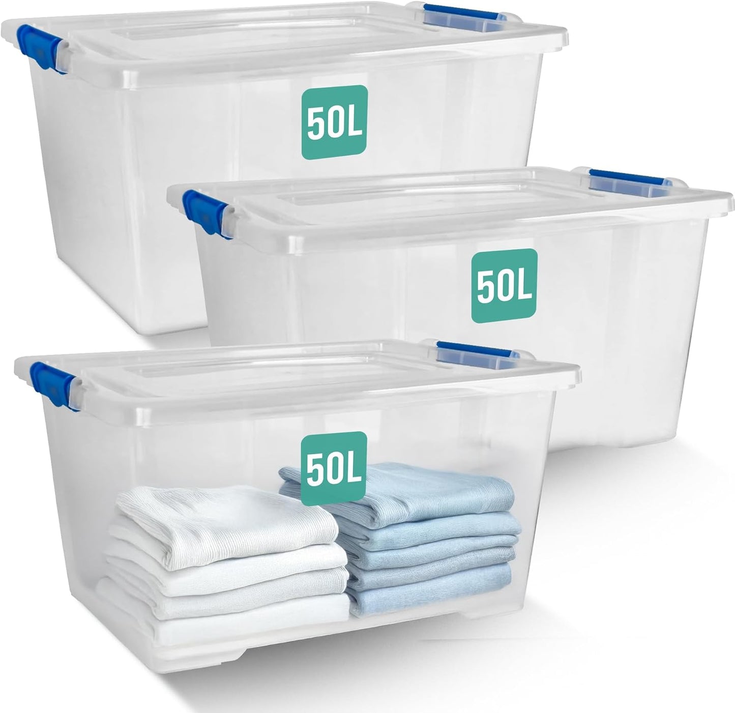 Klass Home Collection 3 x 50 Litre Storage Boxes with Lids Set of 3, Clip-Lock Lid, Sturdy 50L Clear Stackable Plastic Storage Box With Lid Containers For Home, Kitchen, Moving, Garage & Office