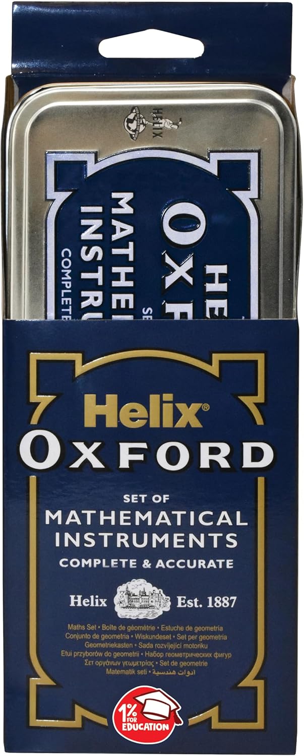 Helix Oxford Maths Set with Storage Tin - 10 Piece Maths Equipment Set