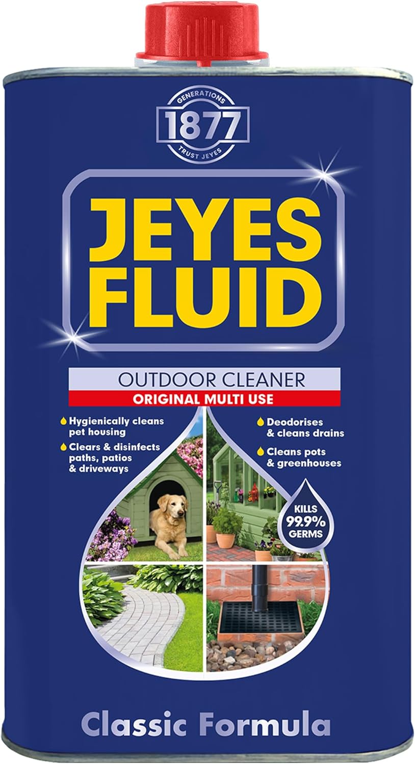 Jeyes Fluid Classic Premium Patio Cleaner 1L Concentrated Formula Makes 20L Outdoor Disinfectant for Patios, Greenhouses, Plant Pots – Kills 99.9% Bacteria.
