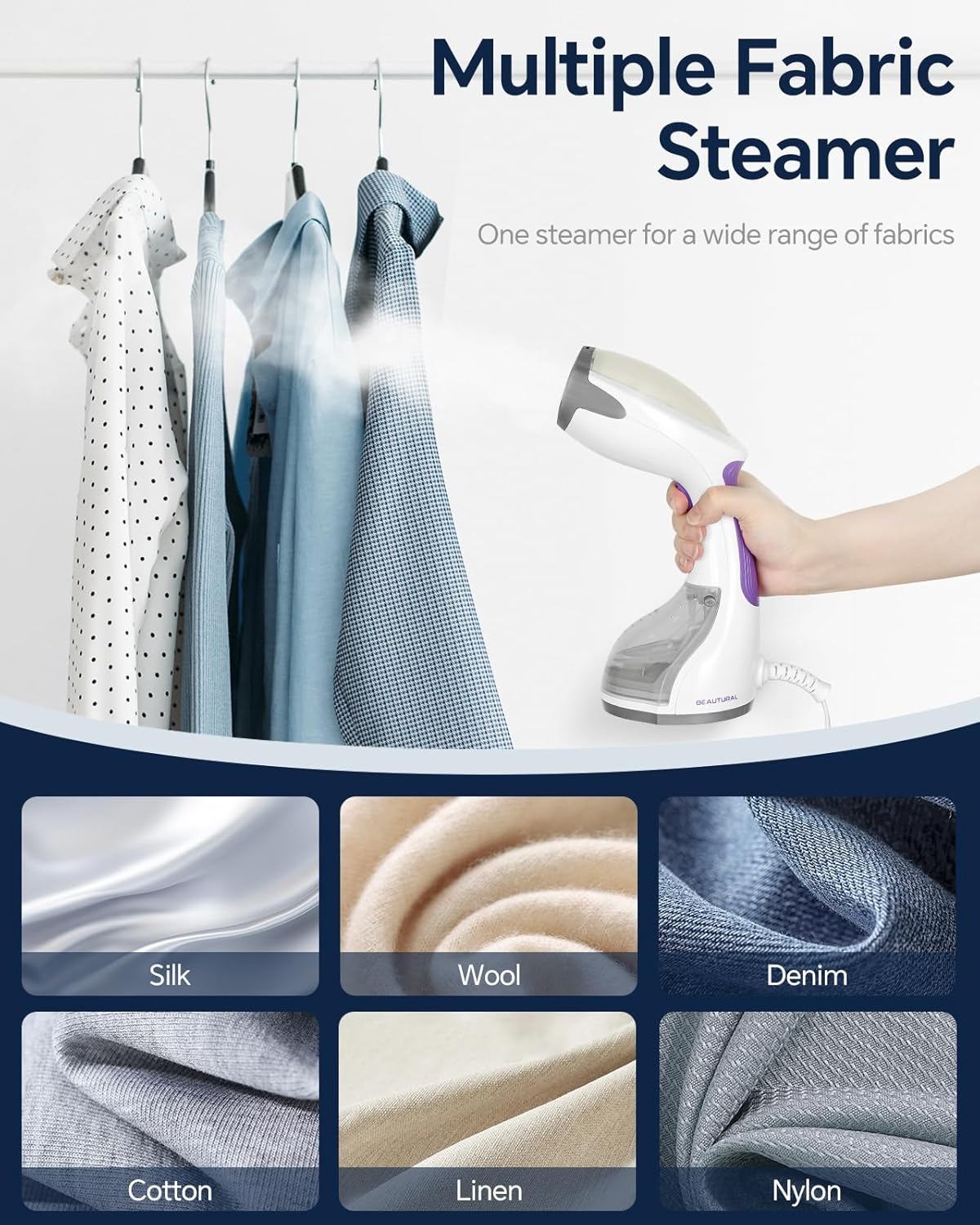 BEAUTURAL Steamer for Clothes, Portable Handheld Garment Fabric Wrinkles Remover, 30-Second Fast Heat-up, Auto-Off, Large Detachable Water Tank