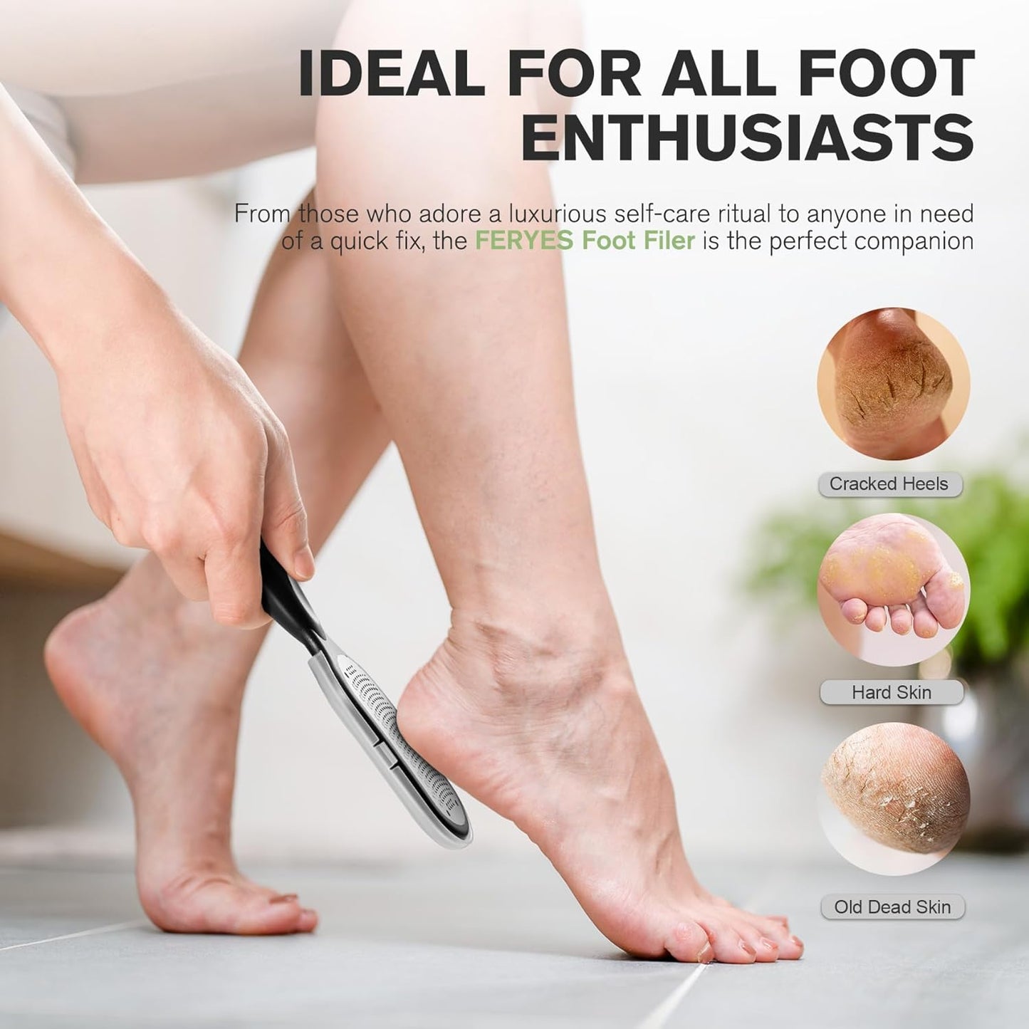 FERYES Foot File Callus Remover with Dead Skin Catcher – The Genius Foot Scrubber for Mess-Free Pedicures, Heel Scraper for Cracked Heel Treatment, Wet & Dry Use Feet Rasp - Black