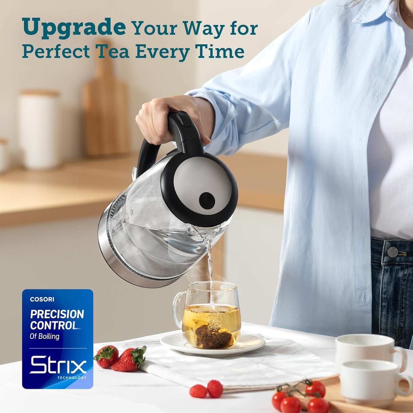 COSORI Electric Kettle – 3000W Fast Boil, 1.5L Glass Kettle with Stainless Steel Lid & Spout, BPA-Free, Quiet Operation, Smart Boil-Dry Protection – Black