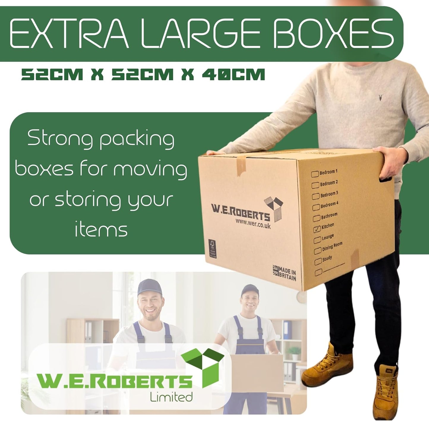 W.E. Roberts 10 Strong Extra Large Cardboard moving Boxes. Packing boxes for moving house with Printed Room List and Carry Handles 52cm x 52cm x 40cm cardboard Boxes