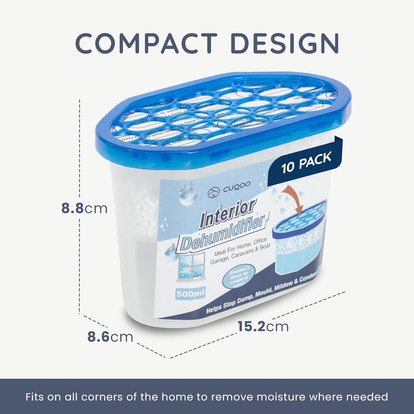 CUQOO Disposable Dehumidifier for Home 500ml, Pack of 10 Moisture Absorber Dehumidifiers for Damp, Mould, Kitchen, Wardrobe, Bedroom, Caravan, Office, Garage, Bathroom - Mini Condensation Absorbers